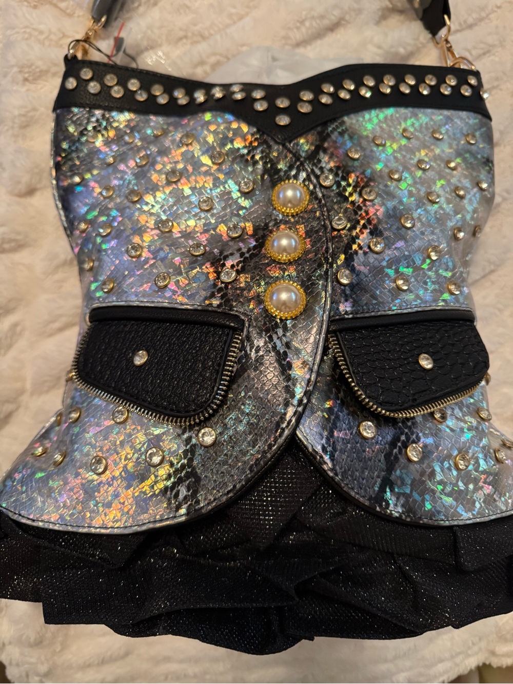 Chic Corset Handbag NWT Holographic Iridescent Black Studded Skirt